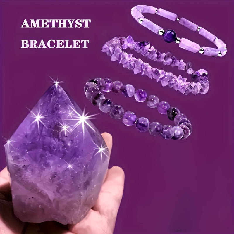 3 PCs Natural Stone Amethyst Bangle Bracelet Suit