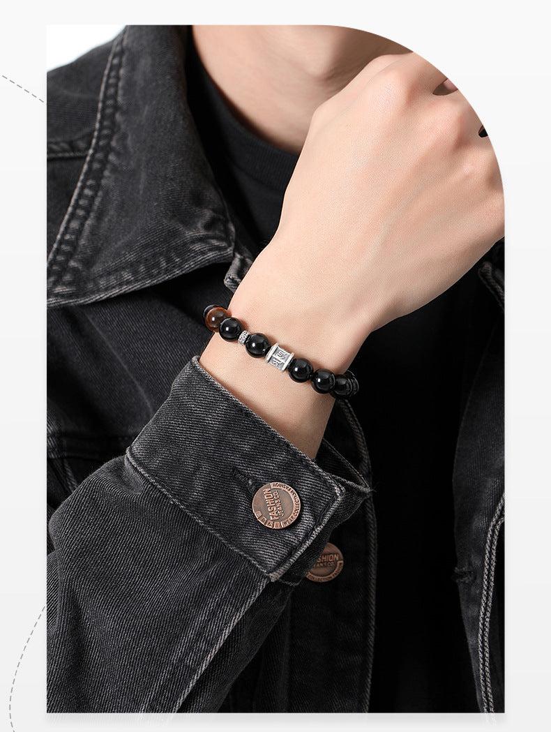Fujian and Guangdong Pure Silver999Obsidian Six-Word Mantra Bracelet Tiger Eye Stone Bead Bracelet for Men New Chinese Style High-End Autumn Winter
