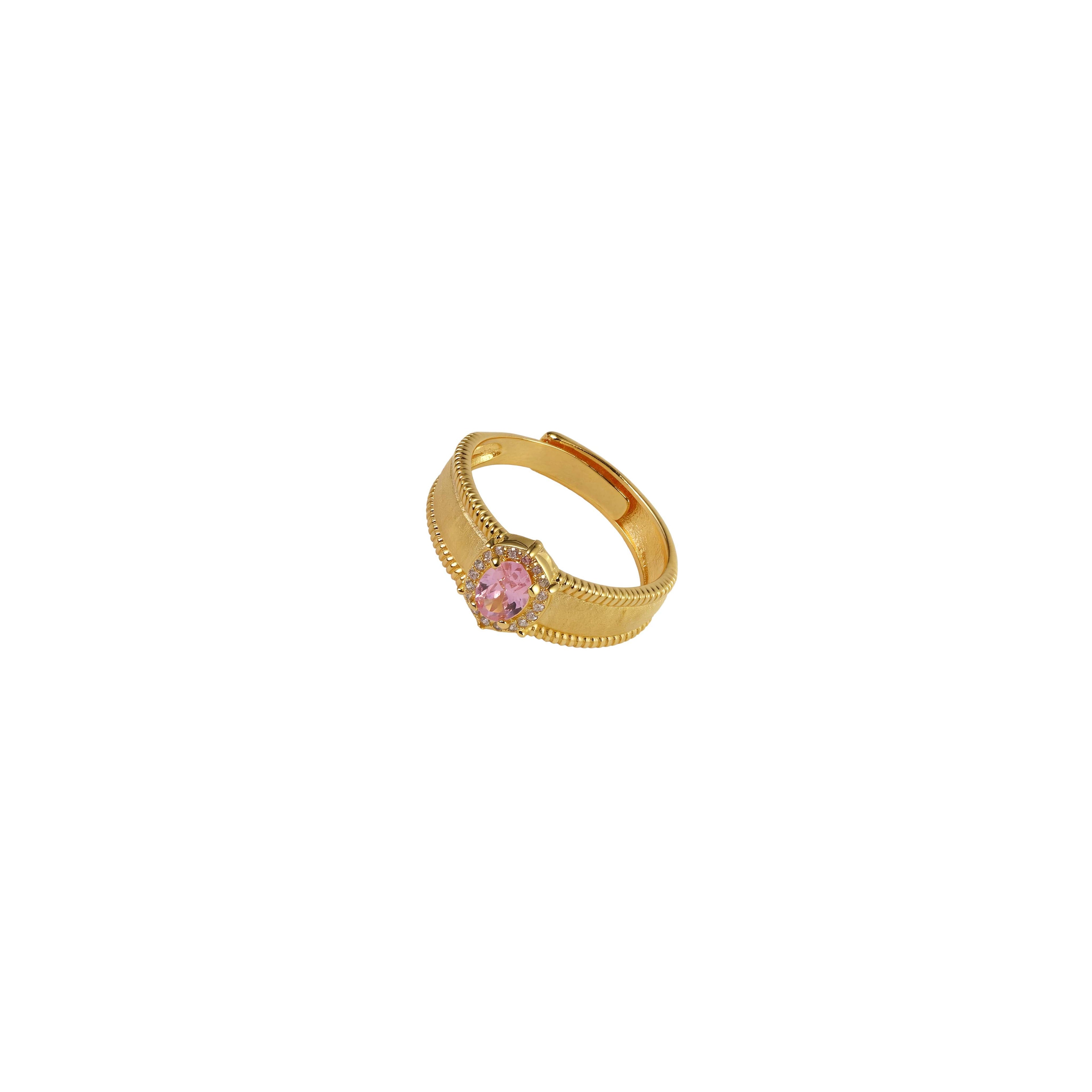 Top down view of gold pink sapphire style ring with adjustable band for women