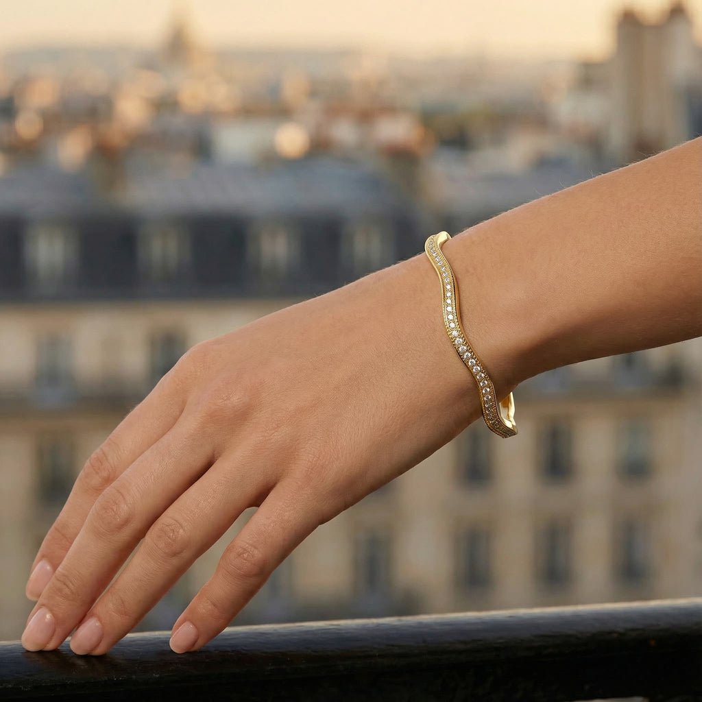 AAAA cubic zirconia pavé detail on 21K gold plated bangle