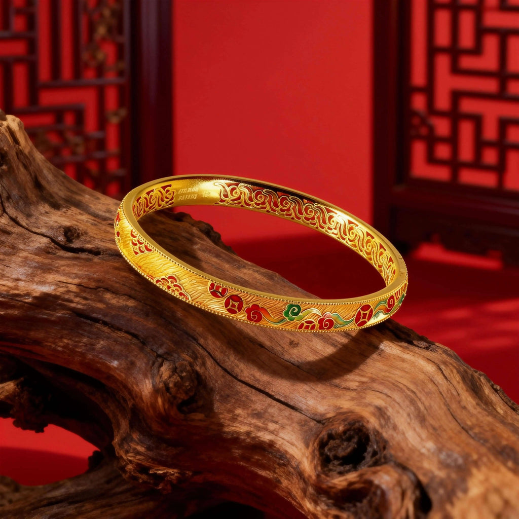 Enamel Fortune Coin Bangle - 21K Gold Plated S925 Heritage Jewelry