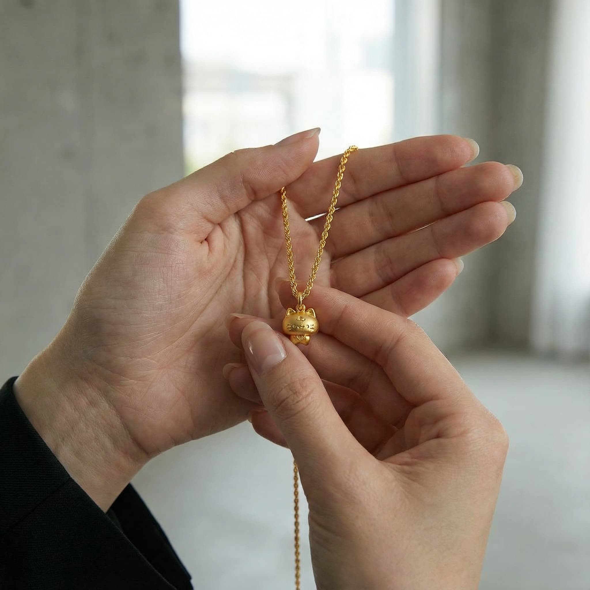 24K Gold Cat Necklace – Lucky Cat Pendant with Silver Chain