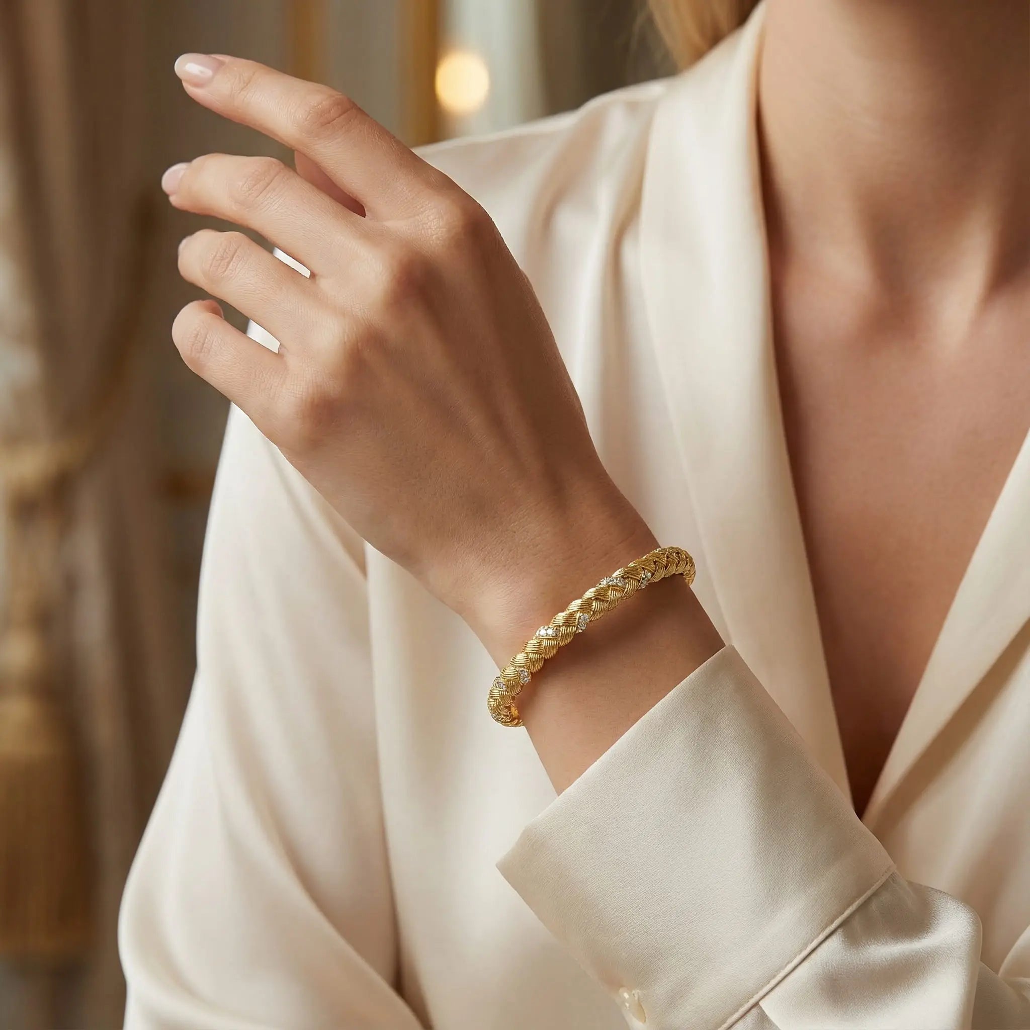 Braided Stone-Accented Bangle - 21K Gold Plated S925 Artisan Jewelry