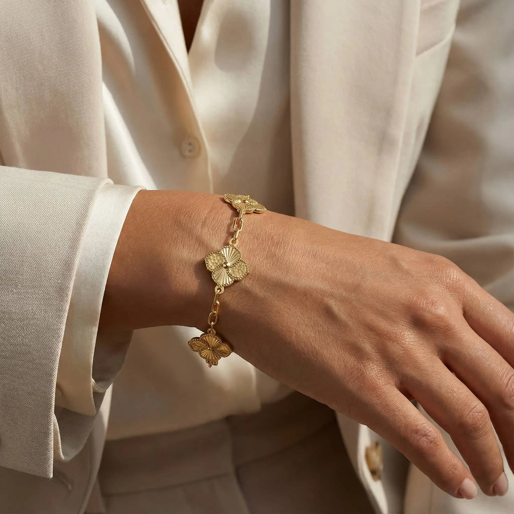 Regal Blossom Clover Bracelet - 21K Gold Plated S925 Vintage Floral Jewelry