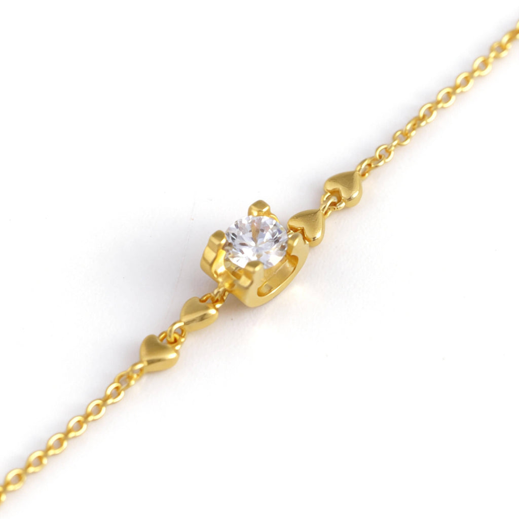24K Pure Gold Vermeil Heart Link Solitaire Bracelet in S925 Silver