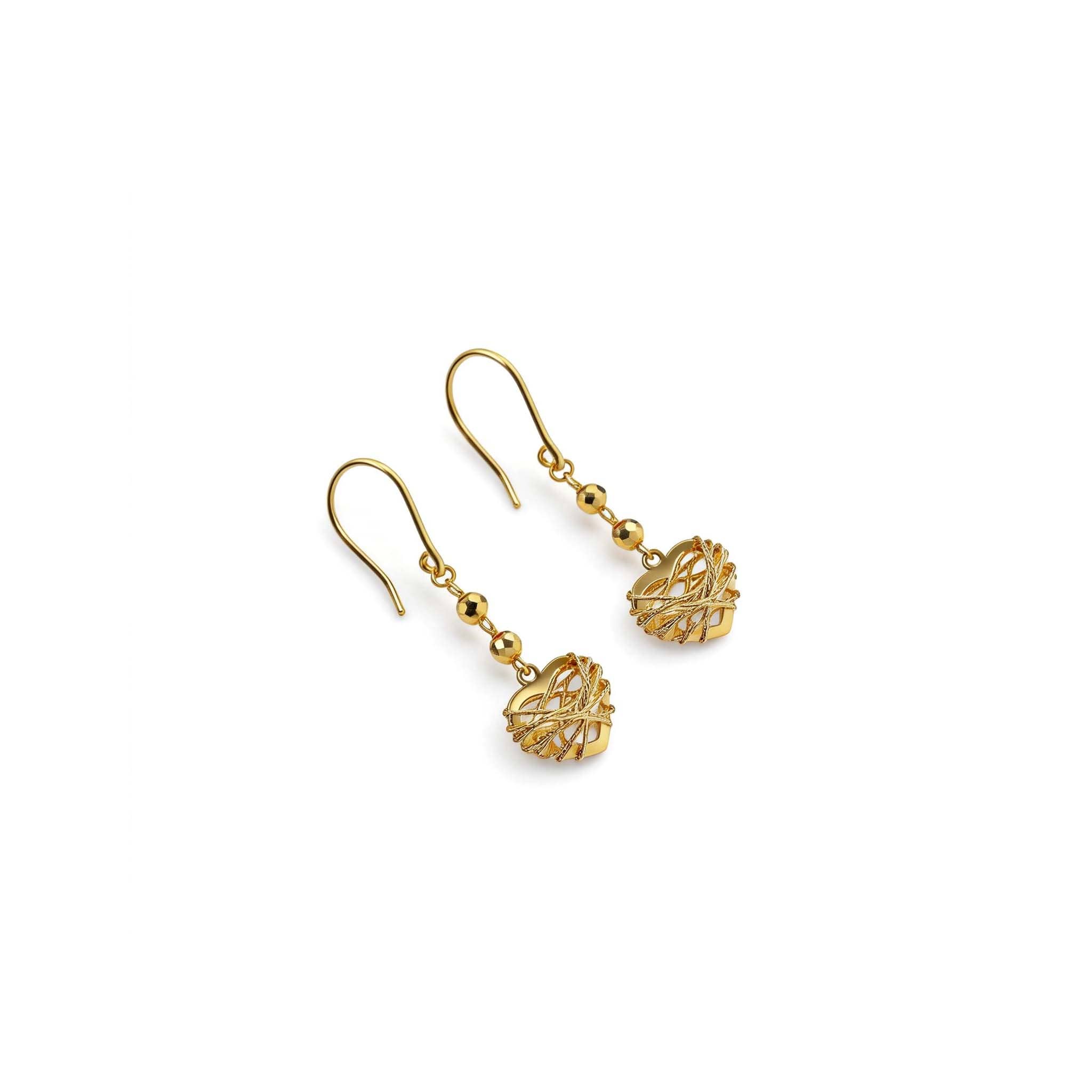 Brand Gold Woven Heart Earrings with faceted beads on white background, top-down product view.