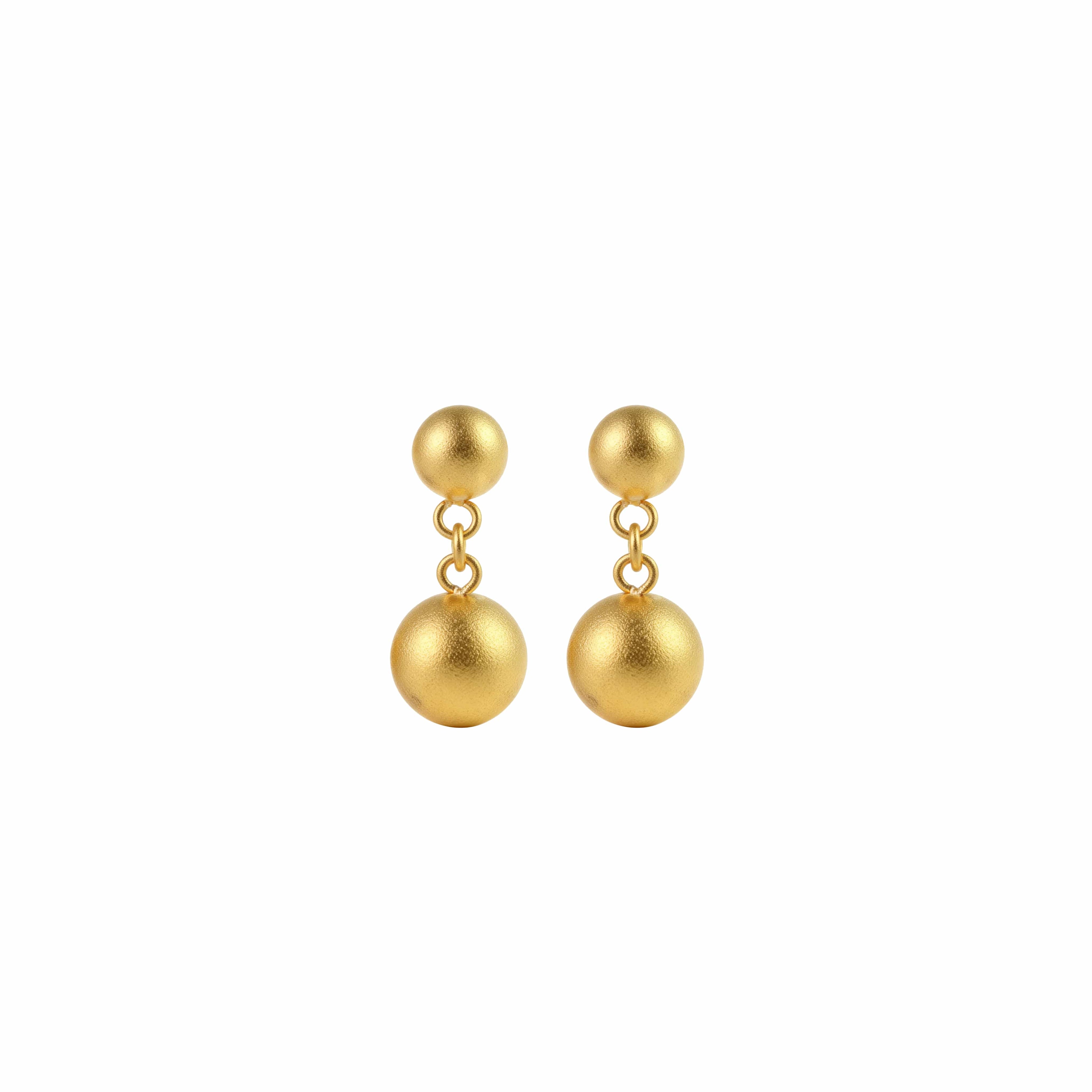 Front view of 24K gold vermeil double sphere drop earrings on white background.