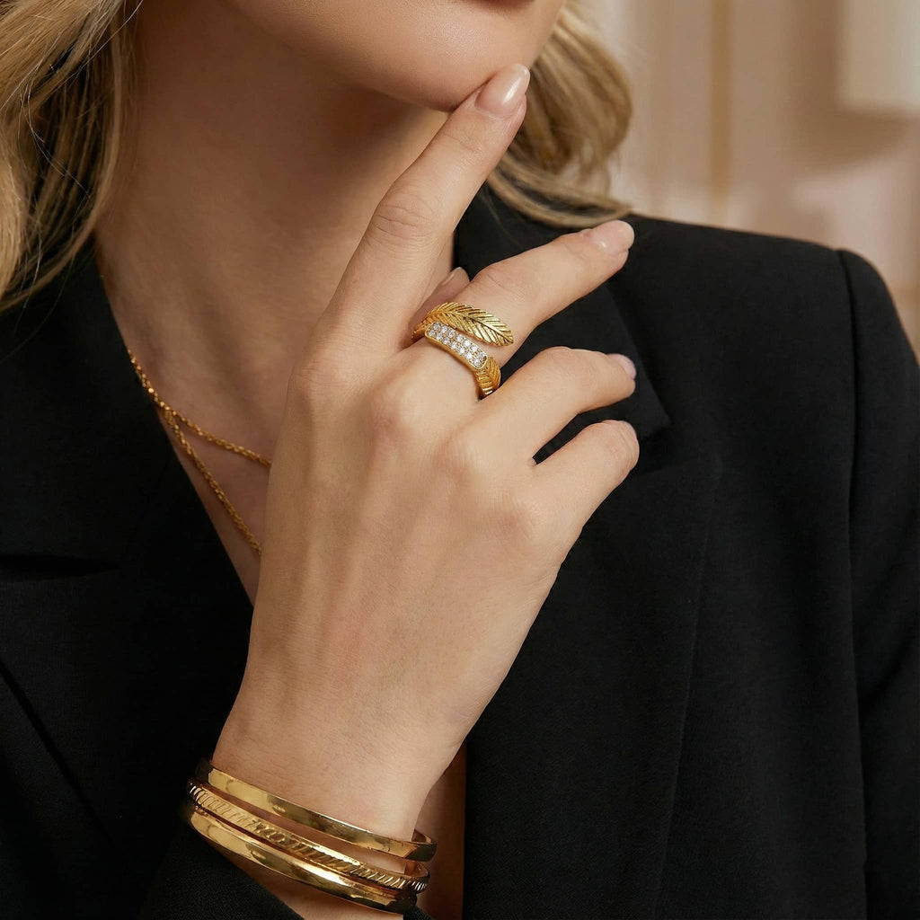 Gilded Plume Ring - 21K Gold Plated S925 Sterling Silver Feather Band