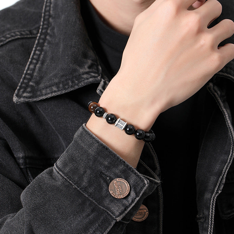 Fujian and Guangdong Pure Silver999Obsidian Six-Word Mantra Bracelet Tiger Eye Stone Bead Bracelet for Men New Chinese Style High-End Autumn Winter