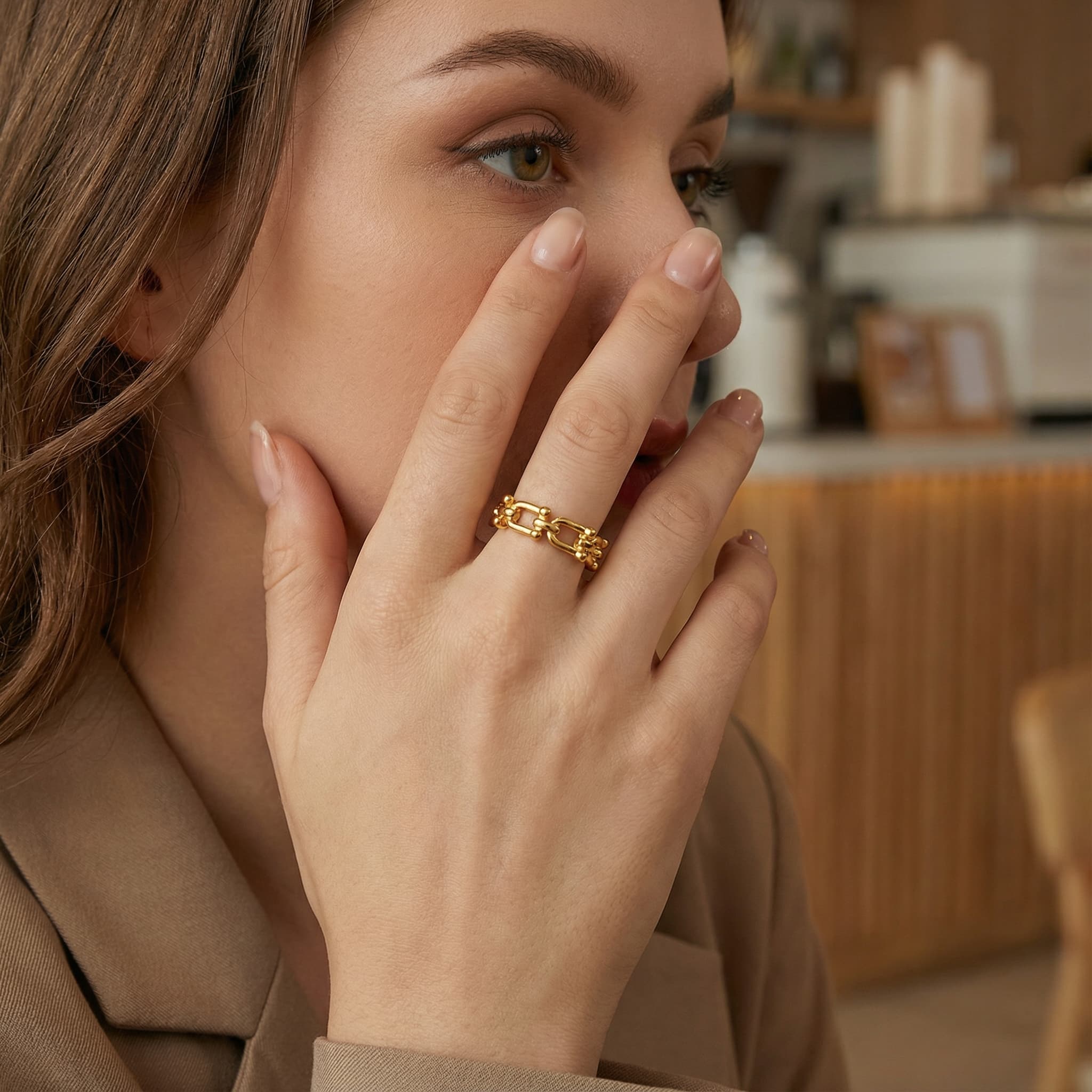 24K Gold Vermeil Horseshoe Link Ring in S925 Sterling Silver