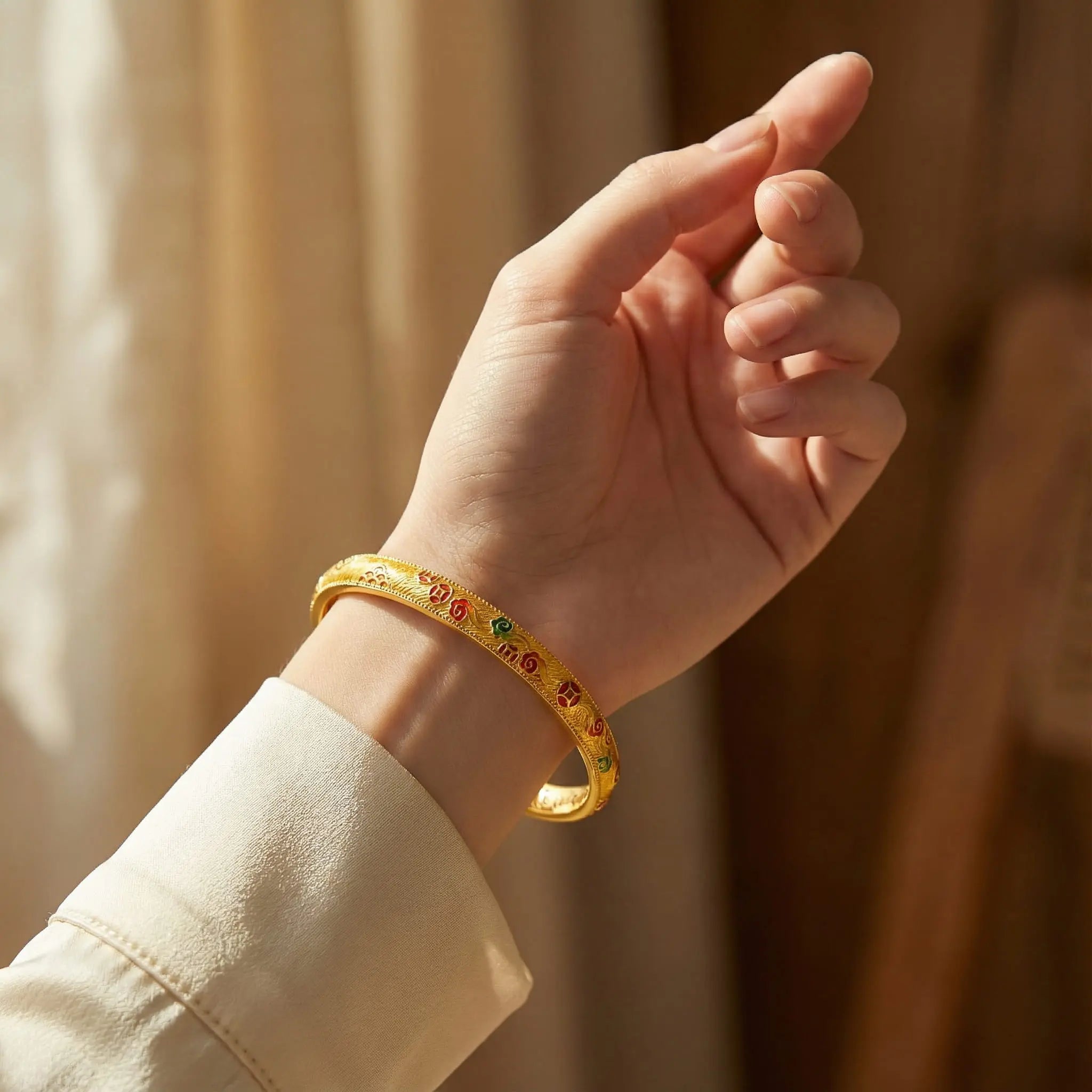 Enamel Fortune Coin Bangle - 21K Gold Plated S925 Heritage Jewelry