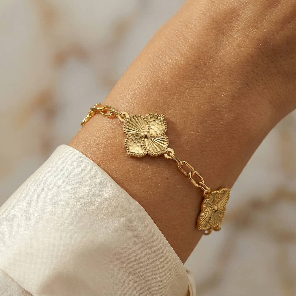 Regal Blossom Clover Bracelet - 21K Gold Plated S925 Vintage Floral Jewelry