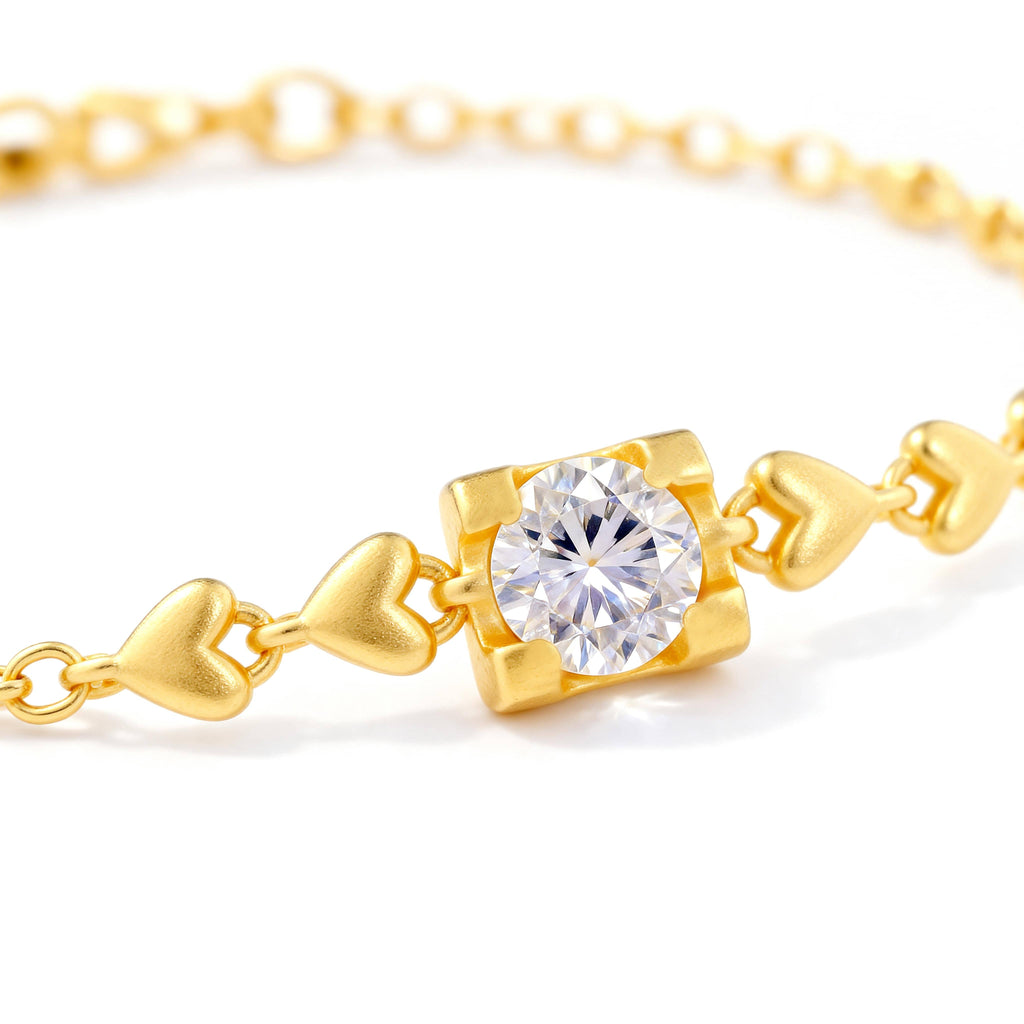 24K Pure Gold Vermeil Heart Link Solitaire Bracelet in S925 Silver