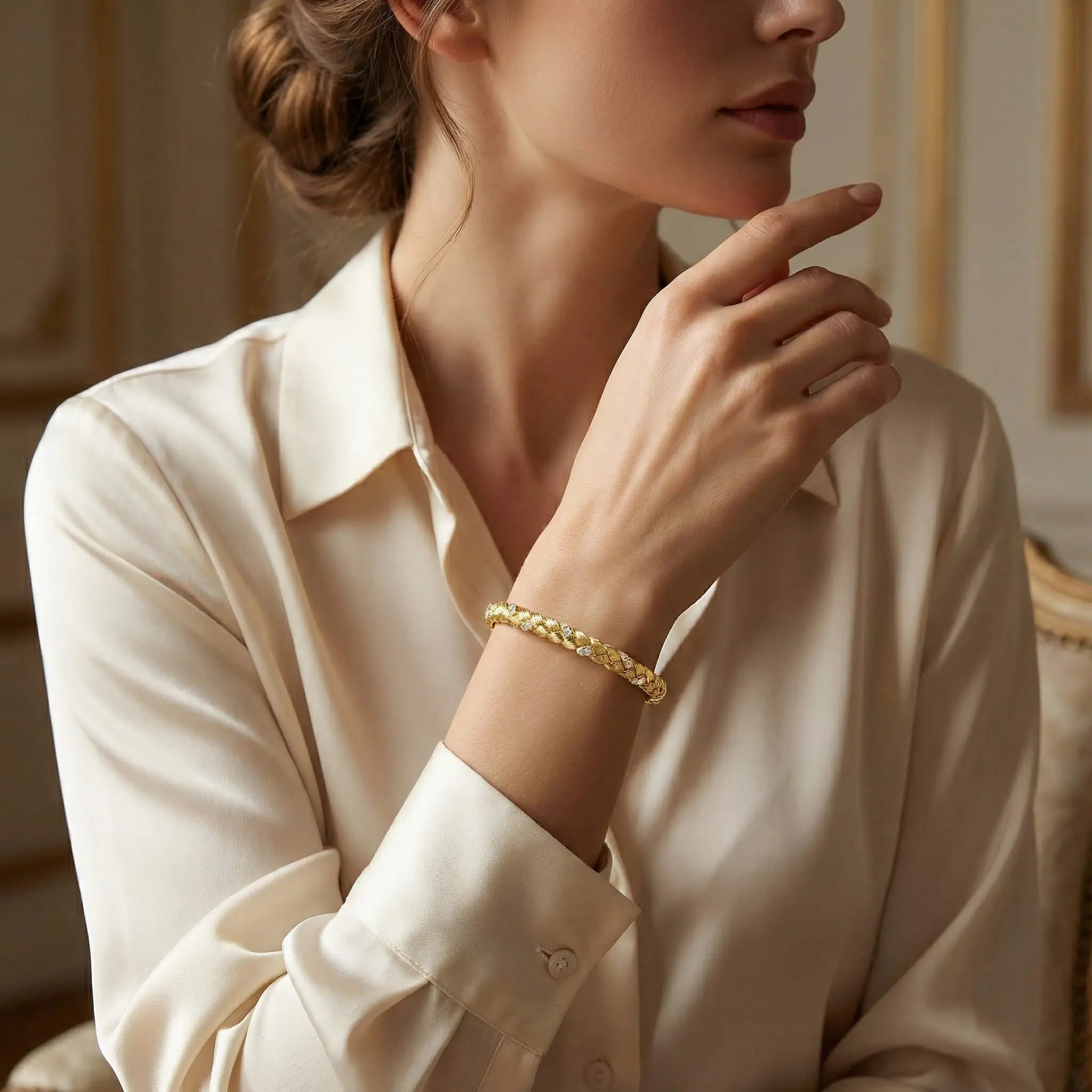 Braided Stone-Accented Bangle - 21K Gold Plated S925 Artisan Jewelry