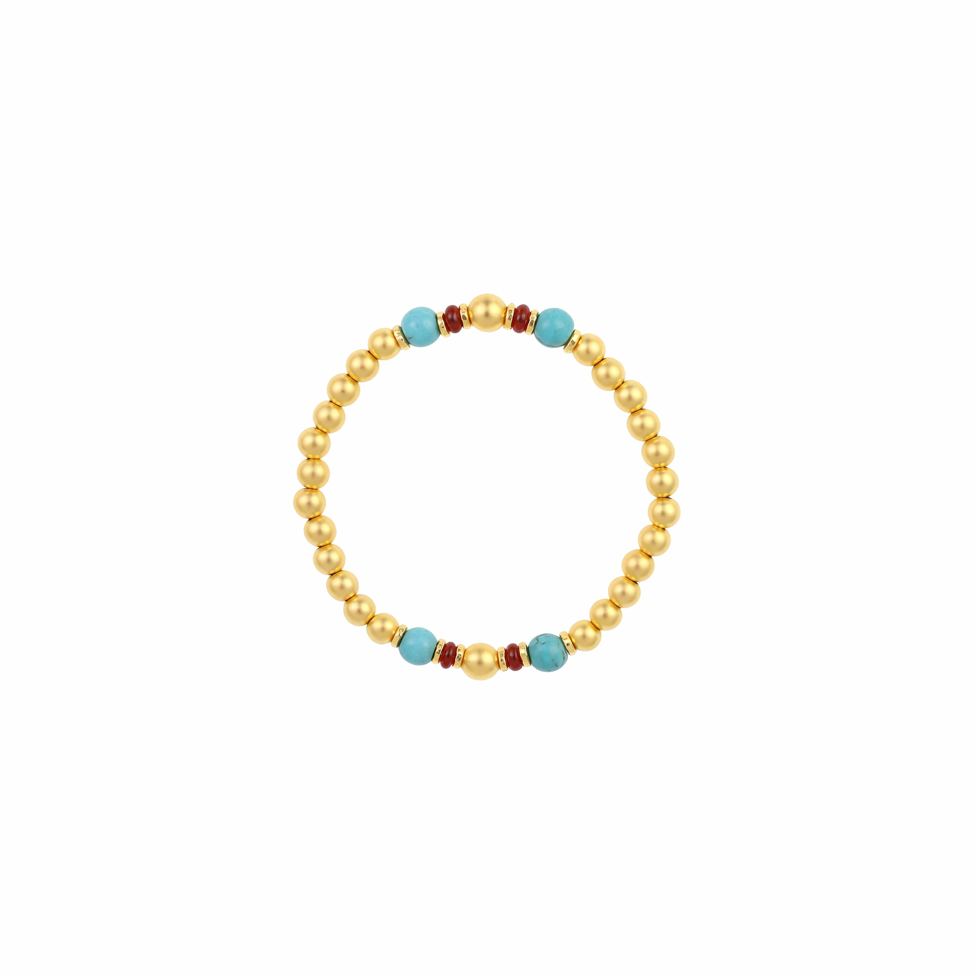 [Brand] 24K Gold Plated Bead Bracelet with Turquoise, top-down view on white background.