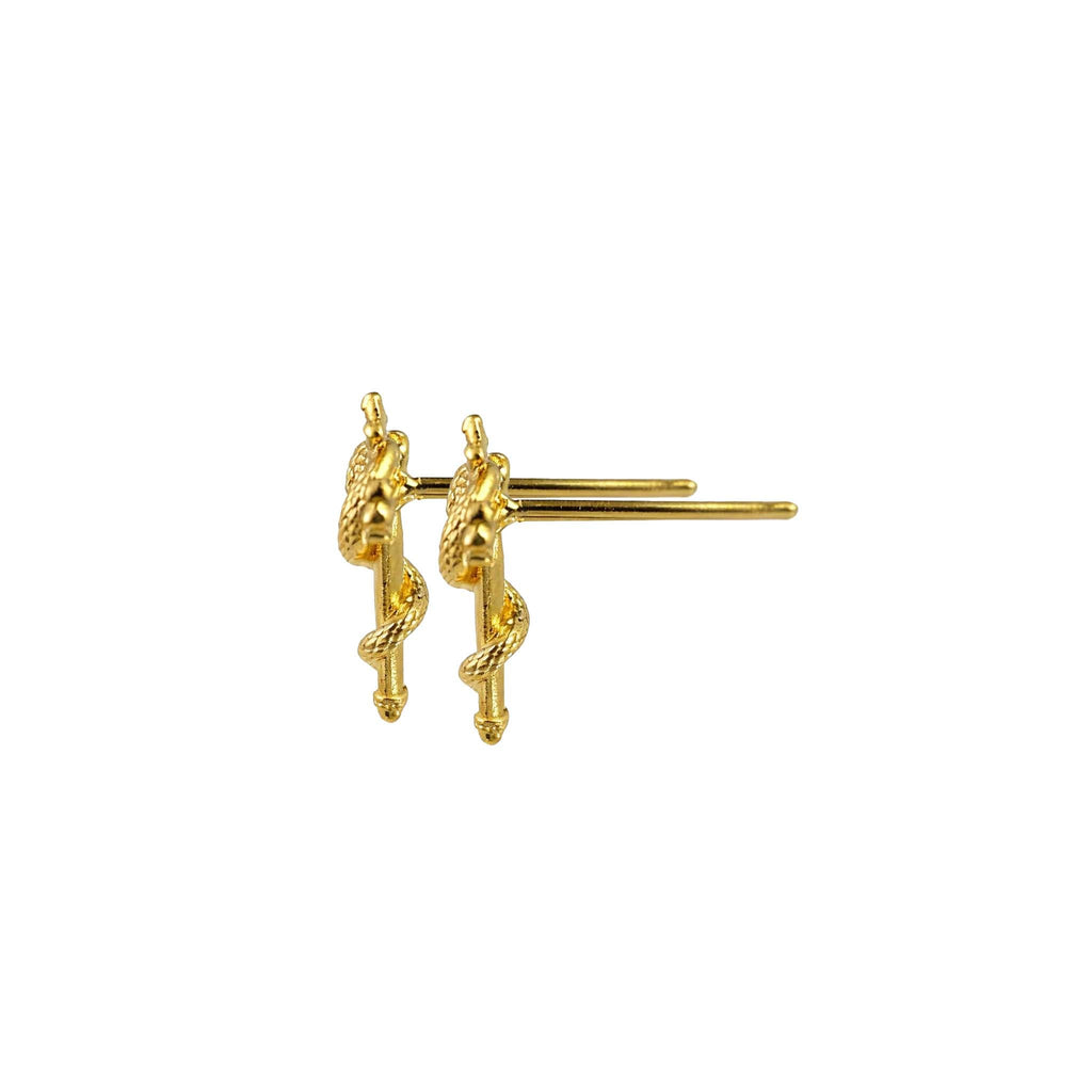 [Brand] 24K Gold Vermeil Snake Wrapped Cross Studs, side view, S925 silver jewelry.