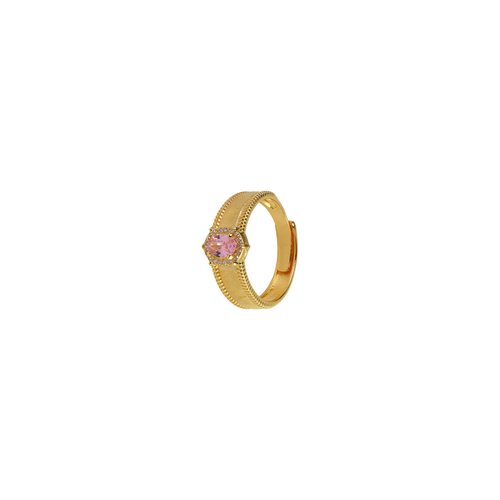Side view of gold band ring featuring pink gemstone and intricate textured metalwork