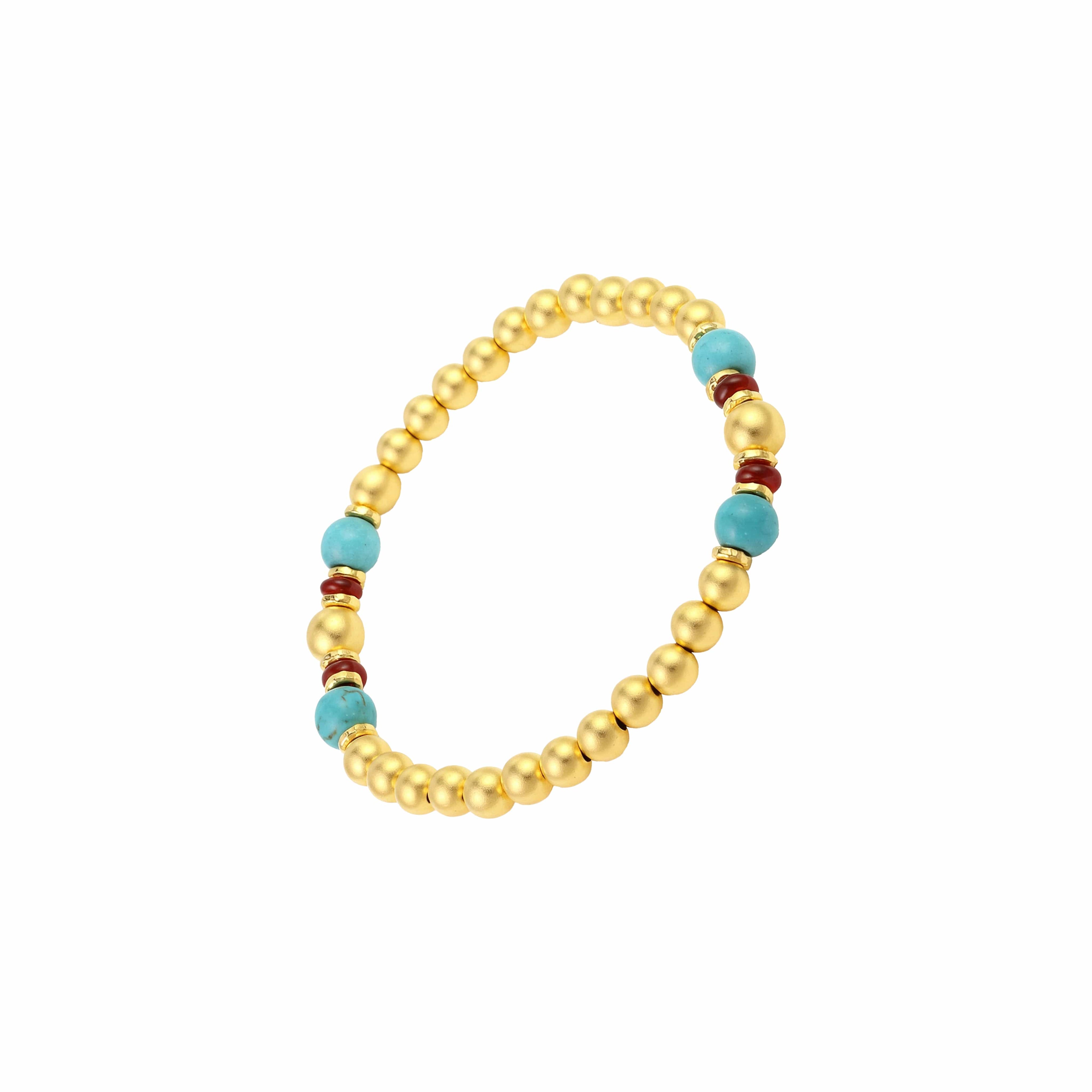 [Brand] 24K Gold Plated Turquoise Bead Bracelet worn on wrist, elegant lifestyle shot.