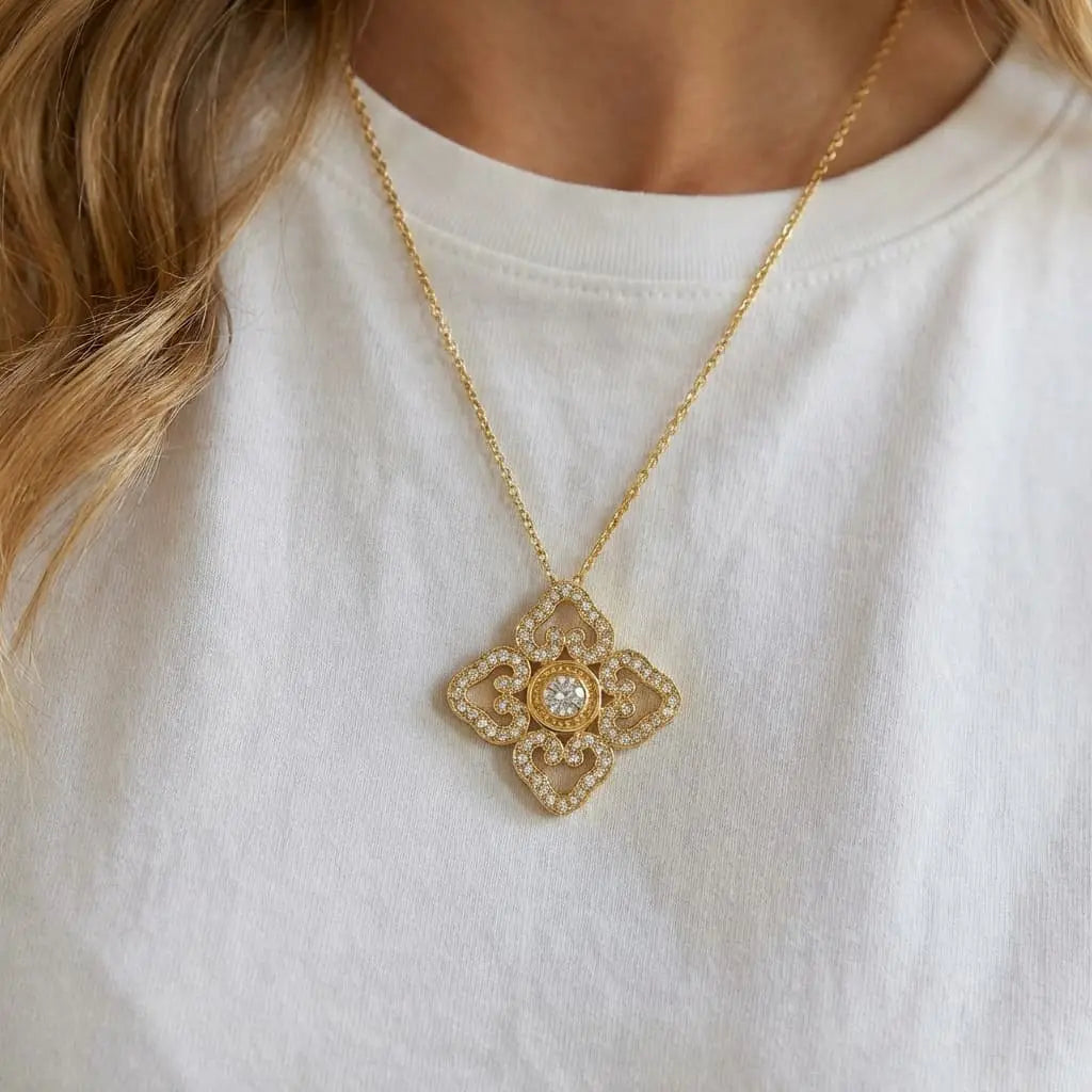 Regal Clover Diamond Pendant - 21K Gold Plated S925 Lucky Talisman