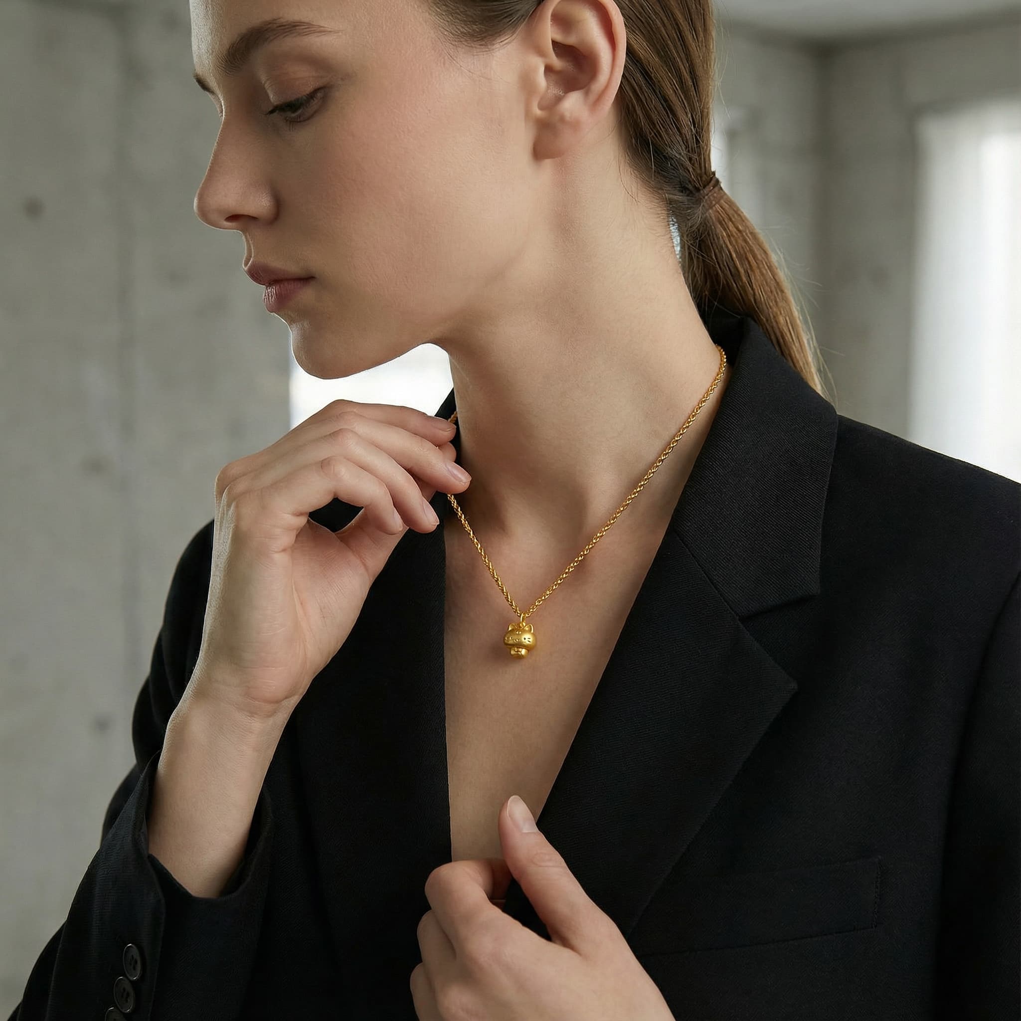 24K Gold Cat Necklace – Lucky Cat Pendant with Silver Chain