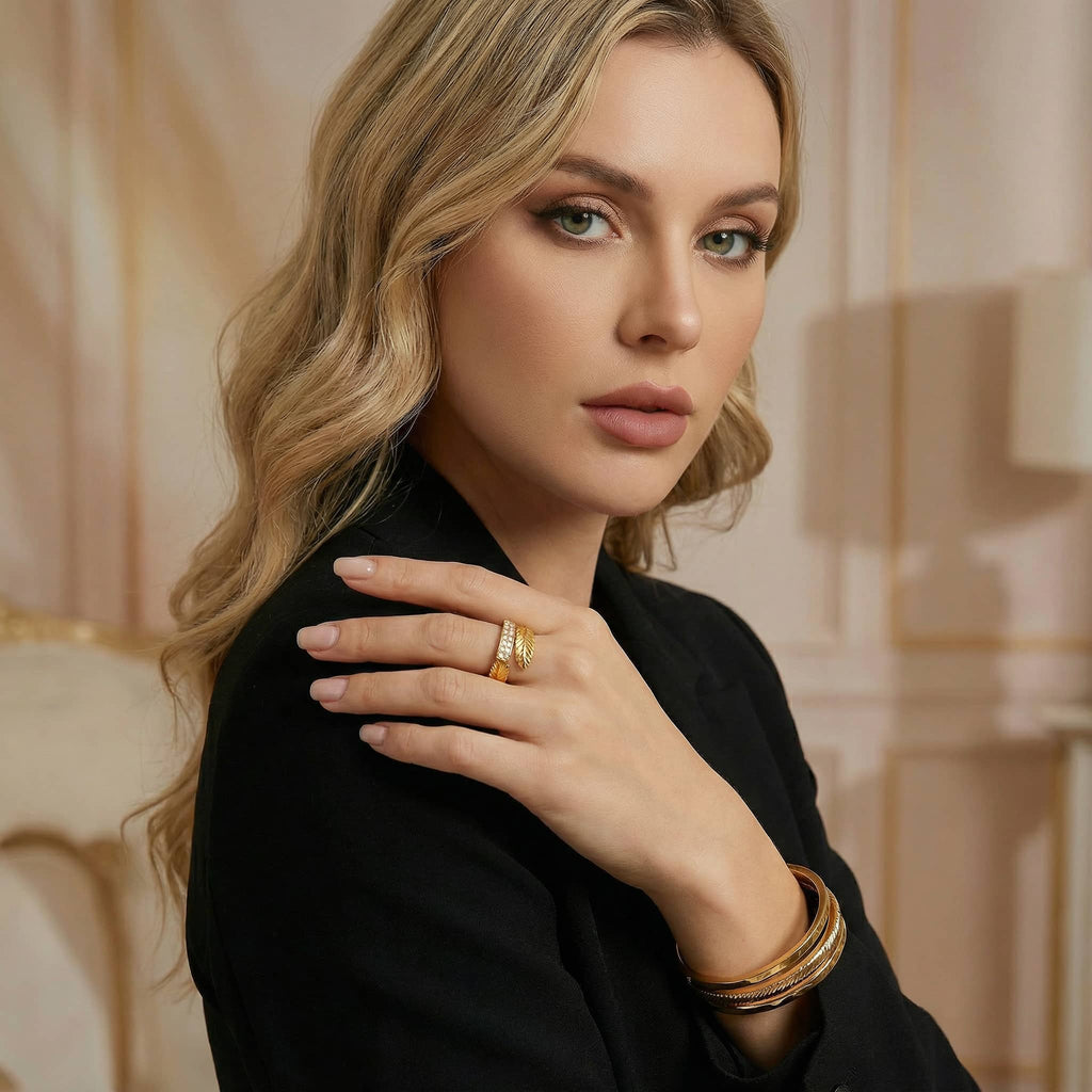 Gilded Plume Ring - 21K Gold Plated S925 Sterling Silver Feather Band