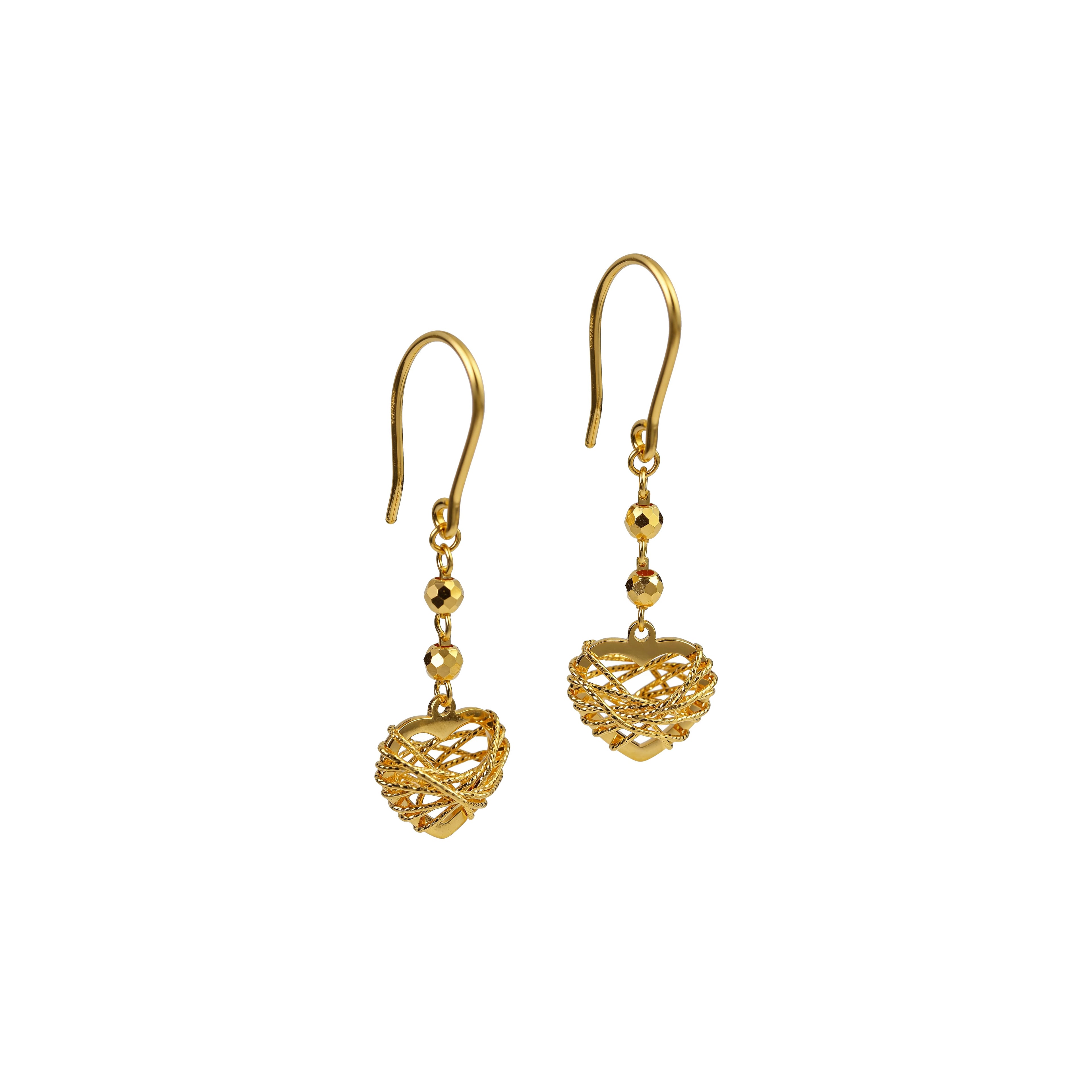 Gold heart earrings with intricate woven wire design and faceted beads, elegant drop style jewelry.