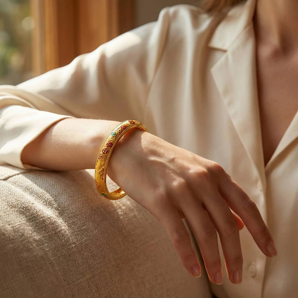 Enamel Fortune Coin Bangle - 21K Gold Plated S925 Heritage Jewelry
