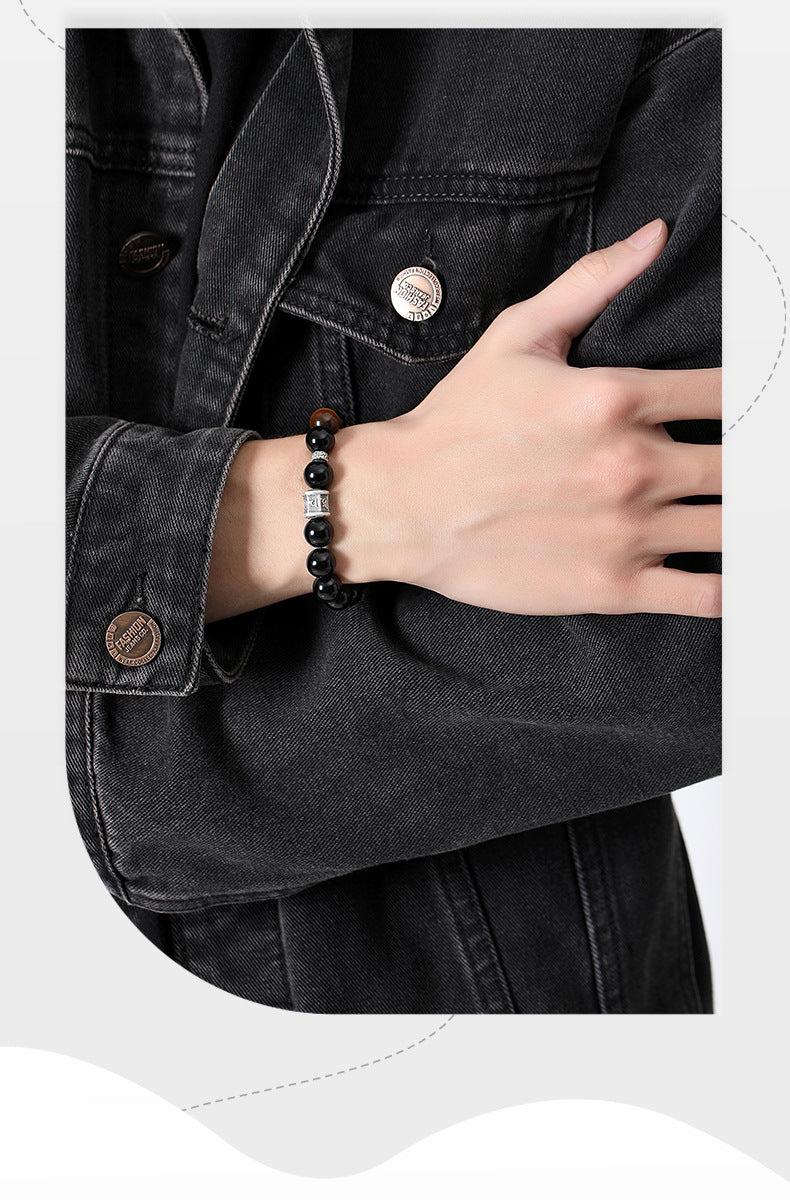 Fujian and Guangdong Pure Silver999Obsidian Six-Word Mantra Bracelet Tiger Eye Stone Bead Bracelet for Men New Chinese Style High-End Autumn Winter