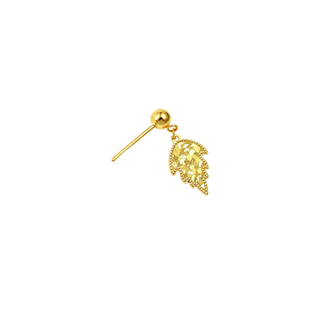 Single 24K gold vermeil leaf drop earring on white background.
