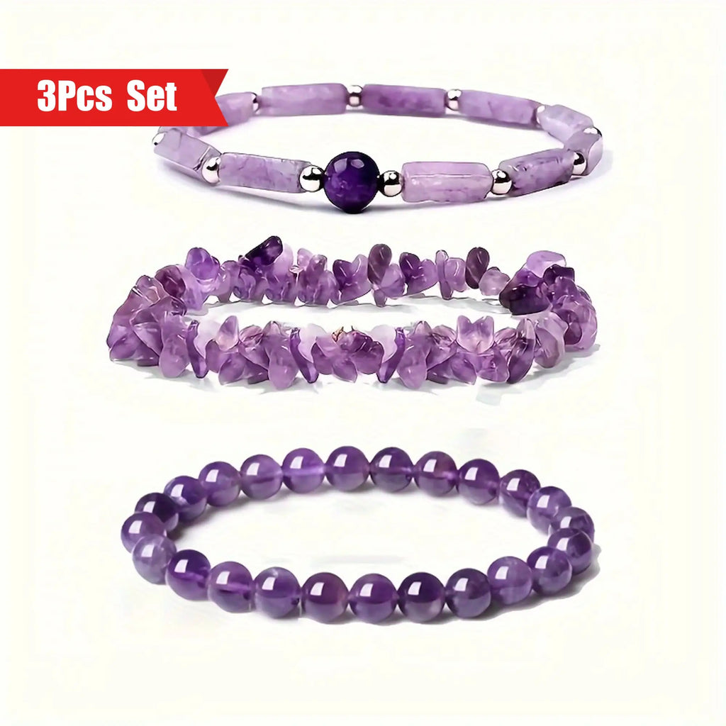 3 PCs Natural Stone Amethyst Bangle Bracelet Suit