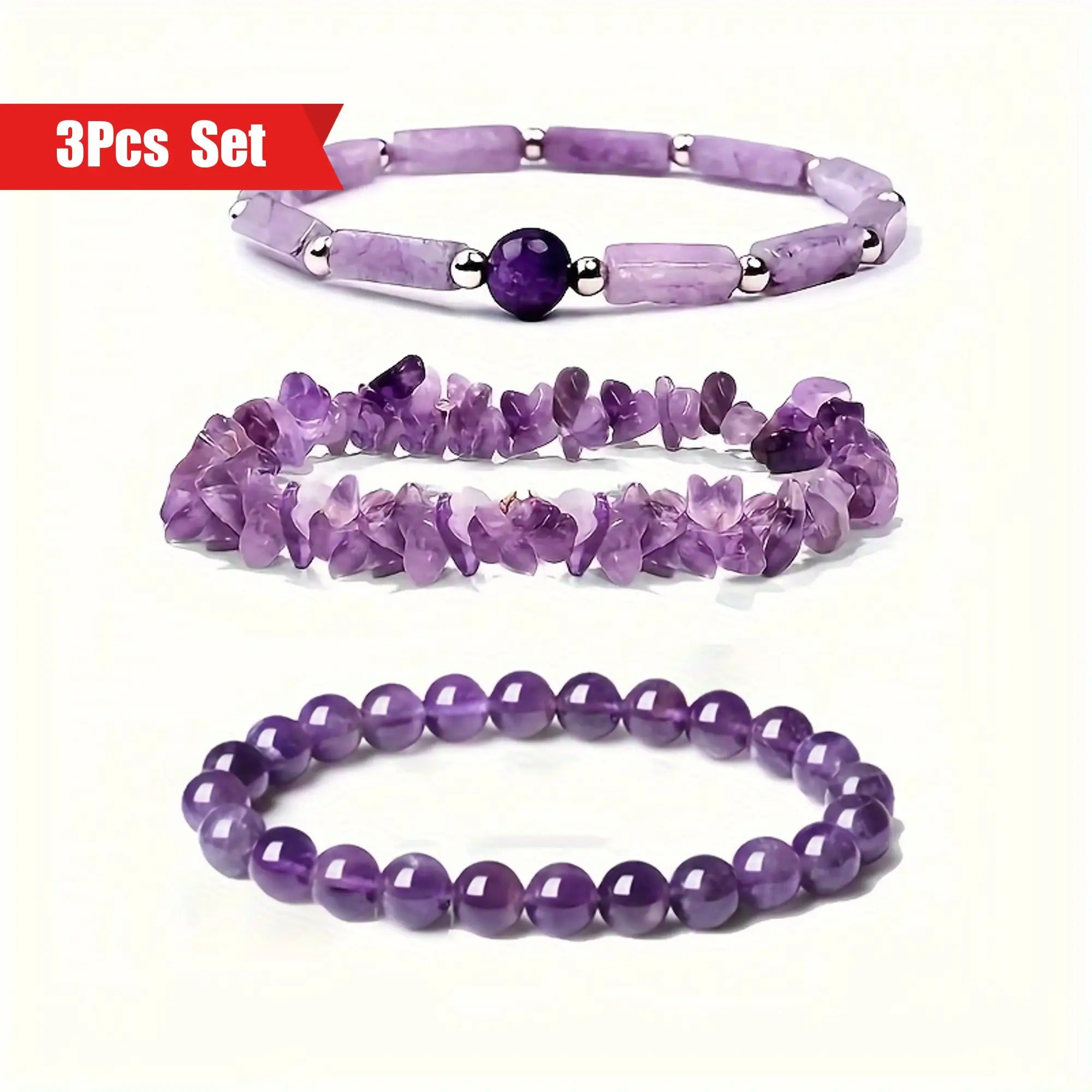 3 PCs Natural Stone Amethyst Bangle Bracelet Suit