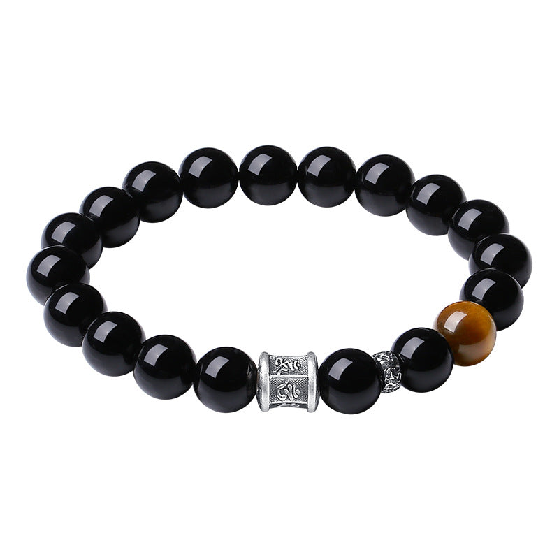 Fujian and Guangdong Pure Silver999Obsidian Six-Word Mantra Bracelet Tiger Eye Stone Bead Bracelet for Men New Chinese Style High-End Autumn Winter