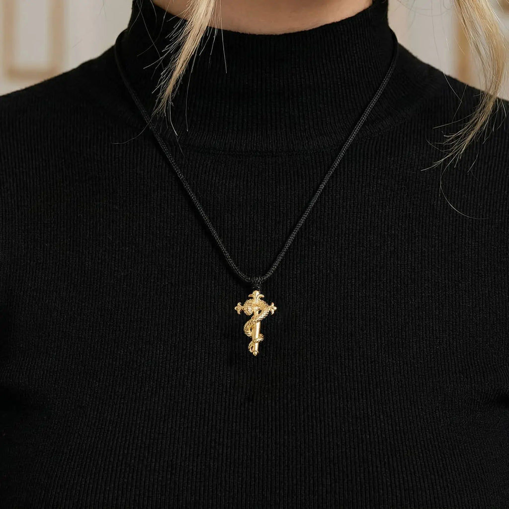 Caduceus Serpent & Staff Pendant - 21K Gold Plated S925 Silver