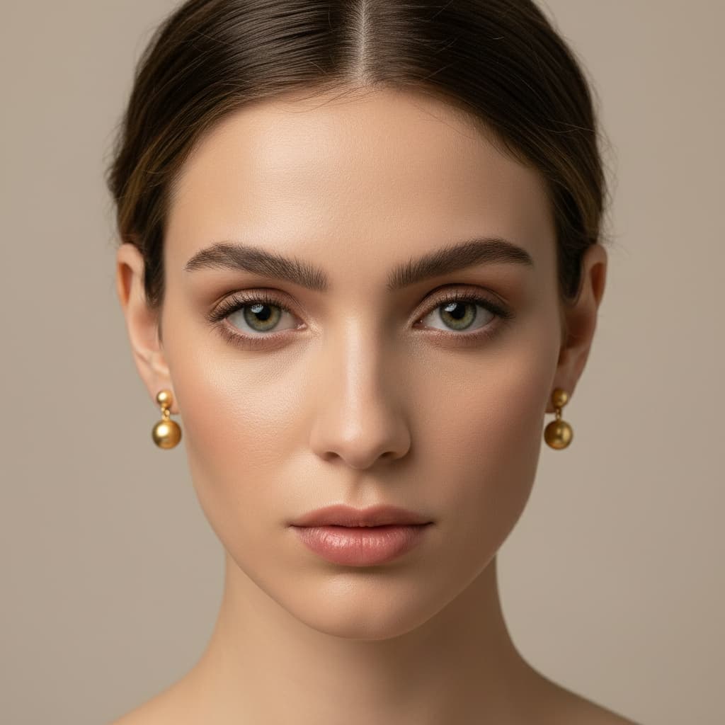 Portrait of model wearing 24K gold over silver bead drop earrings.