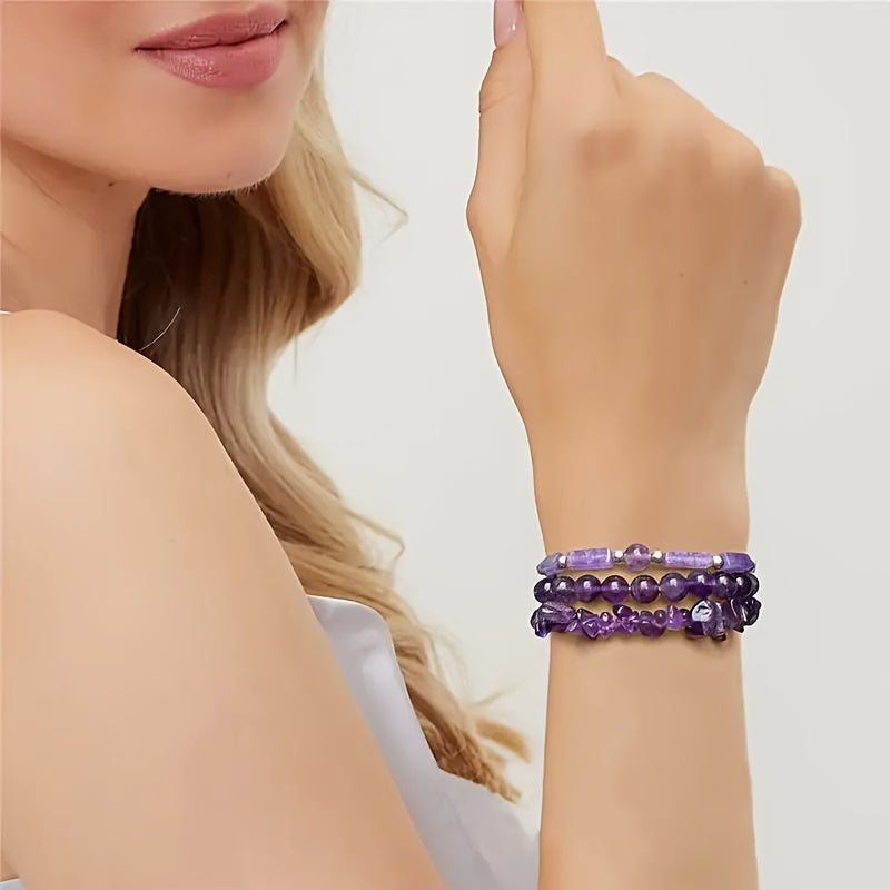 3 PCs Natural Stone Amethyst Bangle Bracelet Suit
