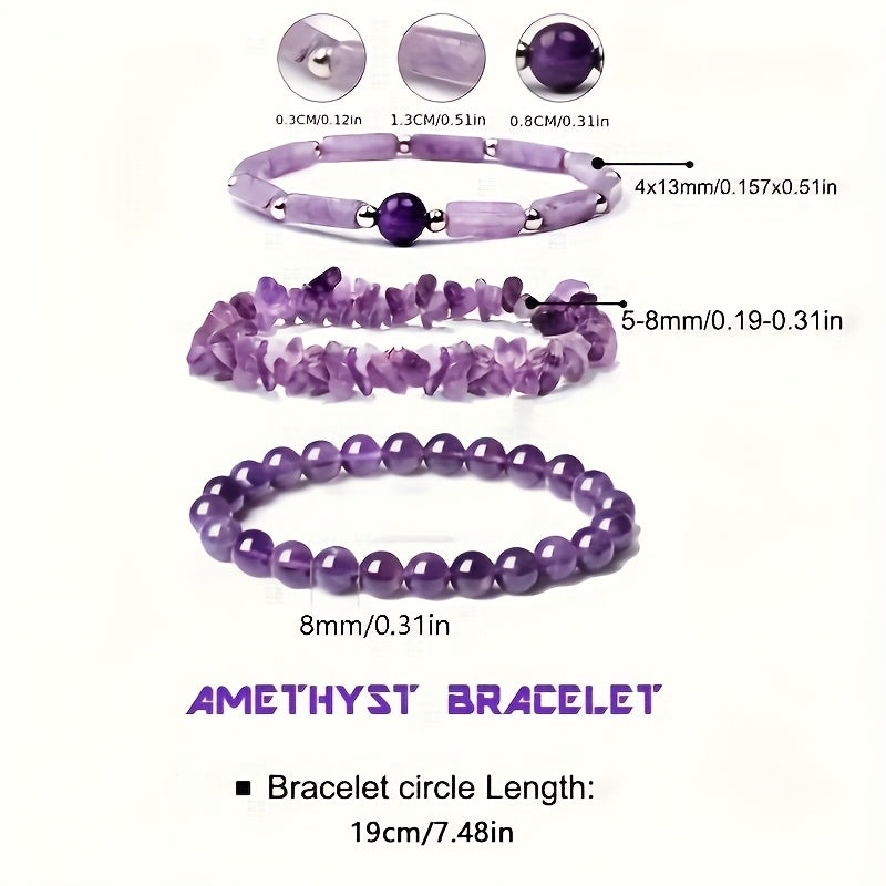 3 PCs Natural Stone Amethyst Bangle Bracelet Suit