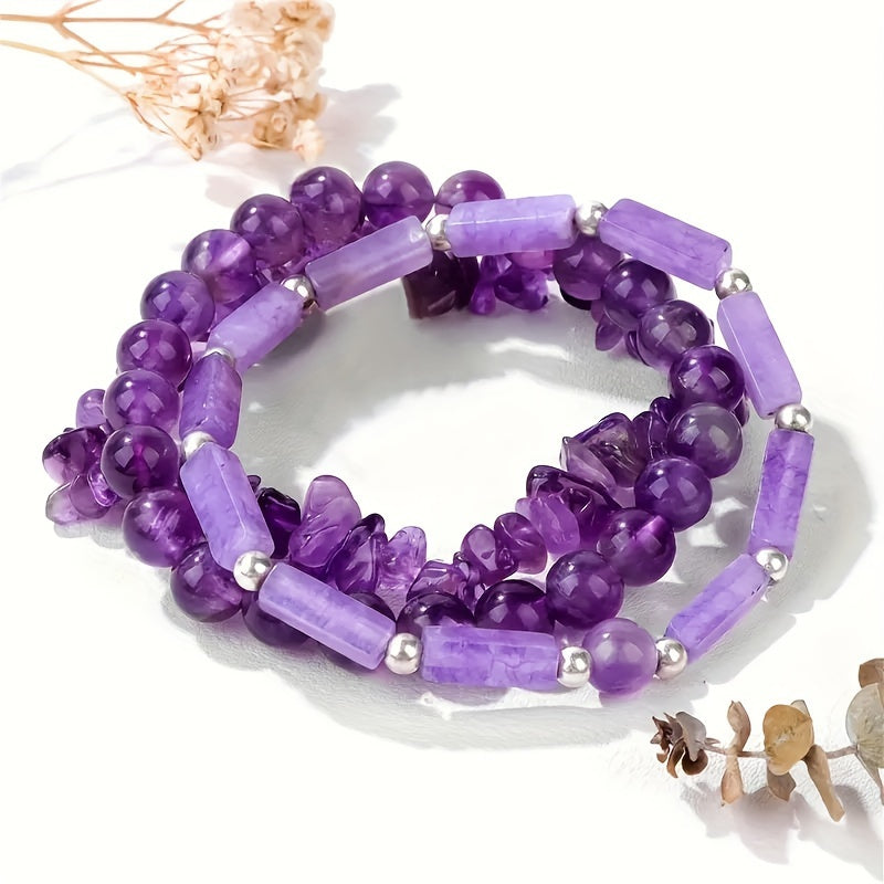3 PCs Natural Stone Amethyst Bangle Bracelet Suit
