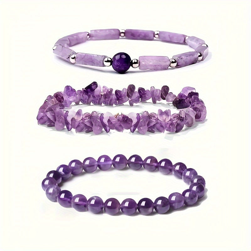 3 PCs Natural Stone Amethyst Bangle Bracelet Suit