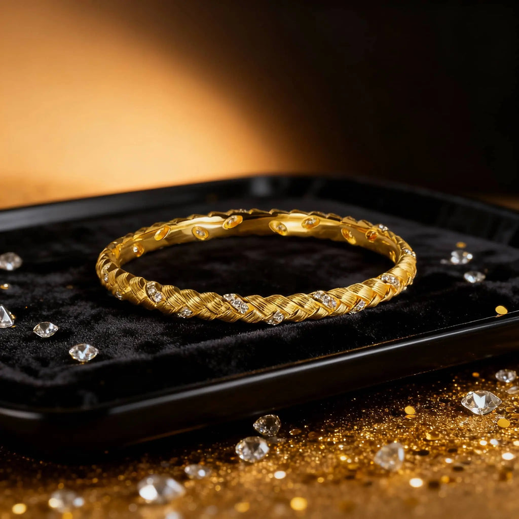 Braided Stone-Accented Bangle - 21K Gold Plated S925 Artisan Jewelry