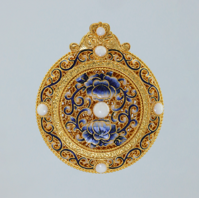 Gold Lotus & Scroll Leaf Cloisonné Pendant | Sterling Silver with Gold Detailing, 26.41g