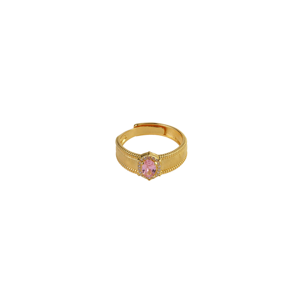 18K gold plated vintage ring with oval pink crystal and halo diamonds on white background